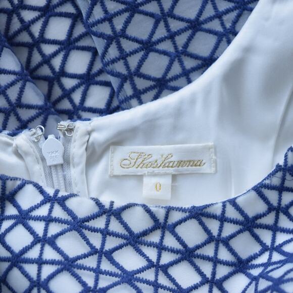 Shoshanna Fit & Flare Mini Dress Embroidered Blue on White Lattice Geo - Picture 6 of 9